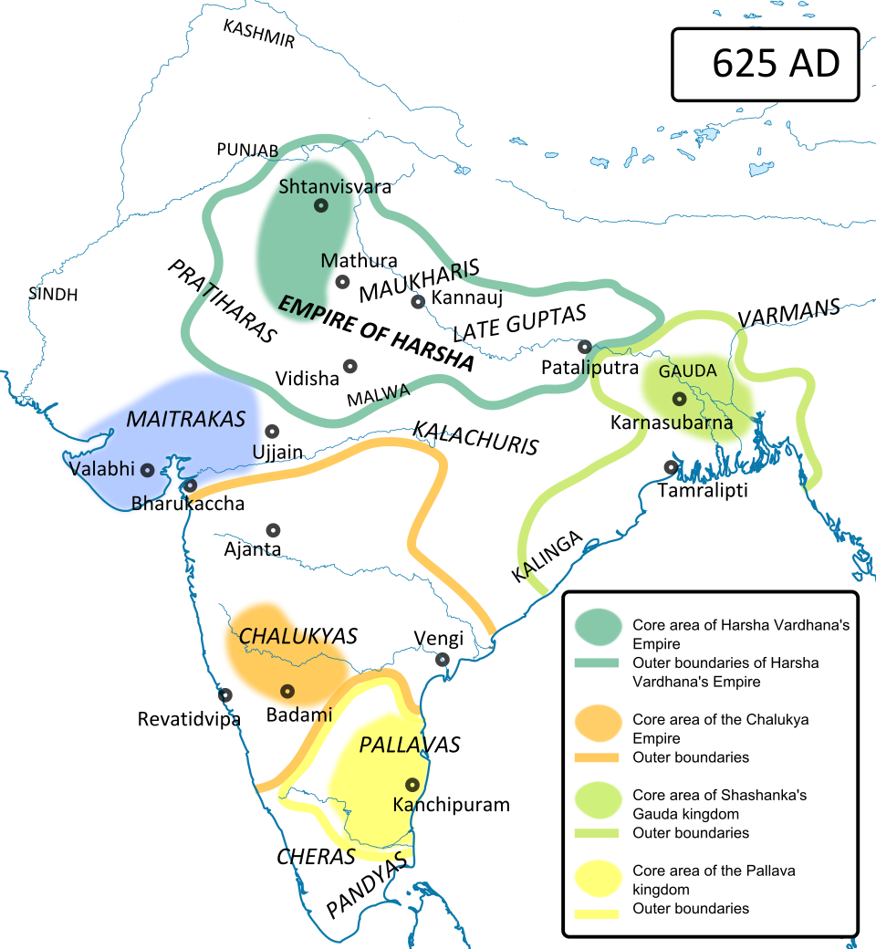 Map of the Pallava and Chalukya kingdoms, 625 AD